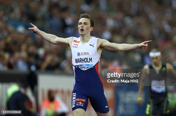 Karsten Warholm of Norway celebrates winning the Men's 400m Hurdles Final during the Weltklasse Zurich, part of the Wanda Diamond League at Stadium...