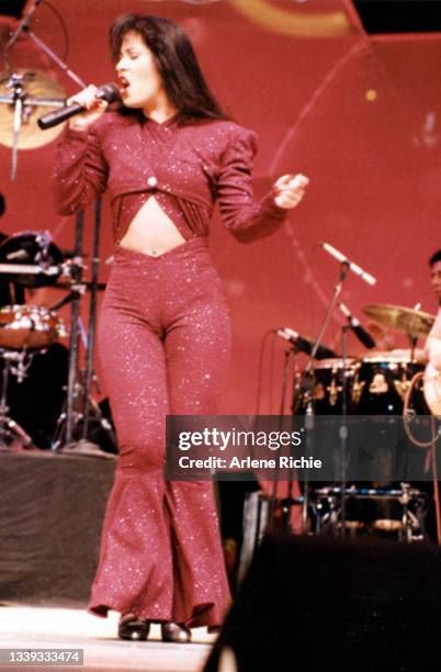 American singer Selena performs onstage during the Houston Livestock Show & Rodeo at the Houston Astrodome, Houston, Texas, February 26, 1995. The...