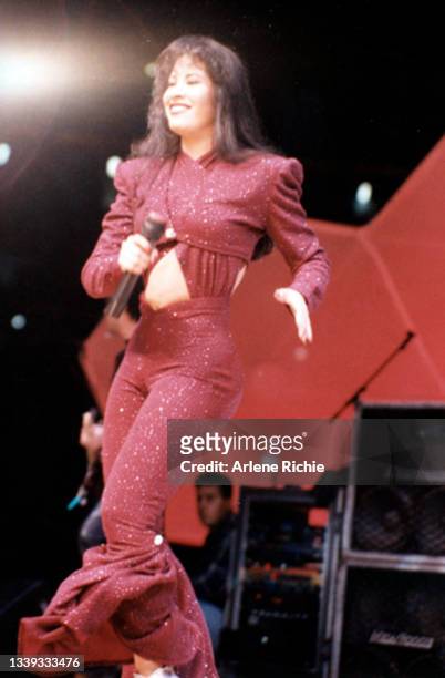 American singer Selena performs onstage during the Houston Livestock Show & Rodeo at the Houston Astrodome, Houston, Texas, February 26, 1995. The...