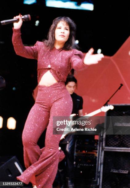 American singer Selena performs onstage during the Houston Livestock Show & Rodeo at the Houston Astrodome, Houston, Texas, February 26, 1995. The...