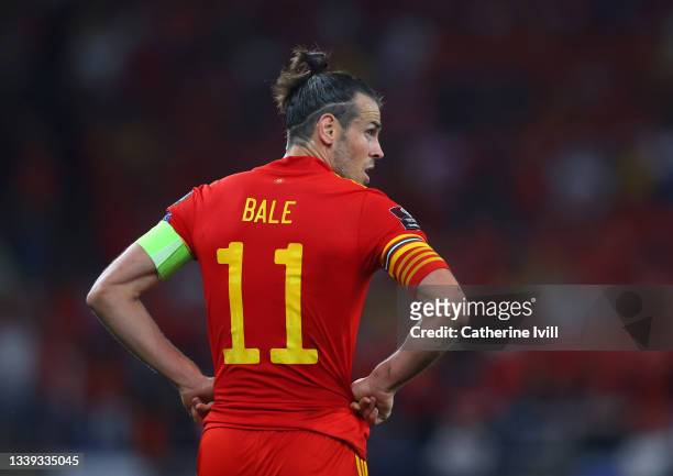 Gareth Bale of Wales during the 2022 FIFA World Cup Qualifier match between Wales and Estonia at Cardiff City Stadium on September 08, 2021 in...