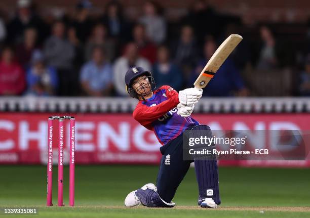 Sophia Dunkley of England bats during the 3rd Womens International T20 between England and New Zealand at The Cooper Associates County Ground on...