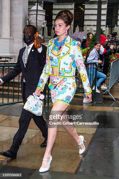 Model Gigi Hadid is seen during the Moschino by Jeremy Scott Spring Summer 2022 fashion show at Bryant Park on September 09, 2021 in New York City.