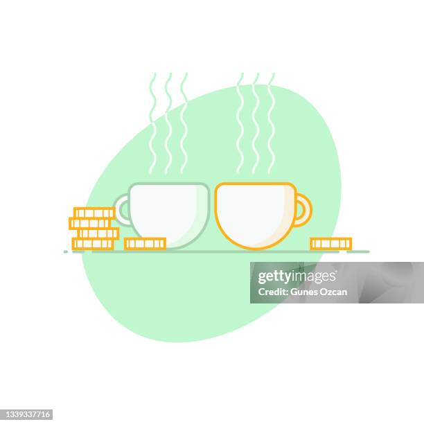 flat design coffee cups and coins - minimal money talk - tip - financial saving - poverty - paying it forward concepts - cheap coffee stock illustrations