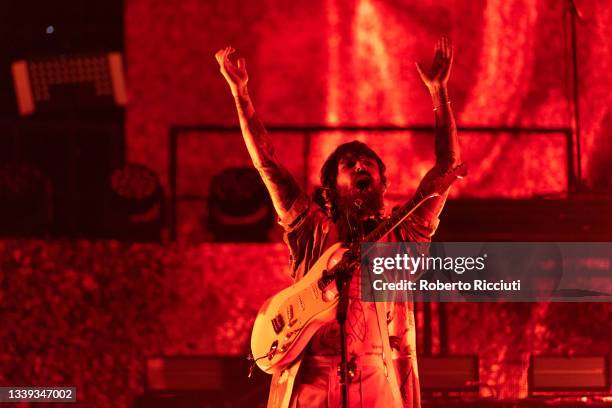 Simon Neil of Biffy Clyro performs on stage at Glasgow Green on September 09, 2021 in Glasgow, Scotland.