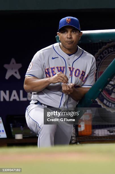 Manager Luis Rojas of the New York Mets watches the game against the Washington Nationals at Nationals Park on September 03, 2021 in Washington, DC.