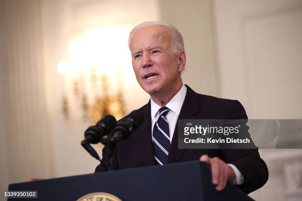 President Joe Biden speaks about combatting the coronavirus pandemic in the State Dining Room of the White House on September 9, 2021 in Washington,...