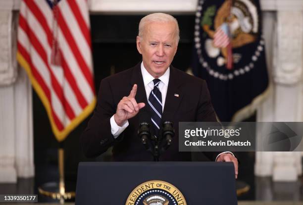 President Joe Biden speaks about combatting the coronavirus pandemic in the State Dining Room of the White House on September 9, 2021 in Washington,...