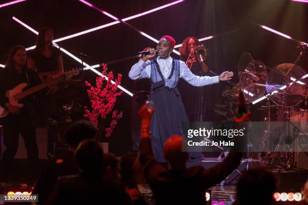 Winner Arlo Parks performs live on stage during the Hyundai Mercury Music Prize 2021at Eventim Apollo, Hammersmith on September 09, 2021 in London,...