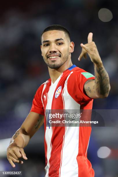 Héctor Martínez of Paraguay celebrates after scoring the first goal of his team during a match between Paraguay and Venezuela as part of South...