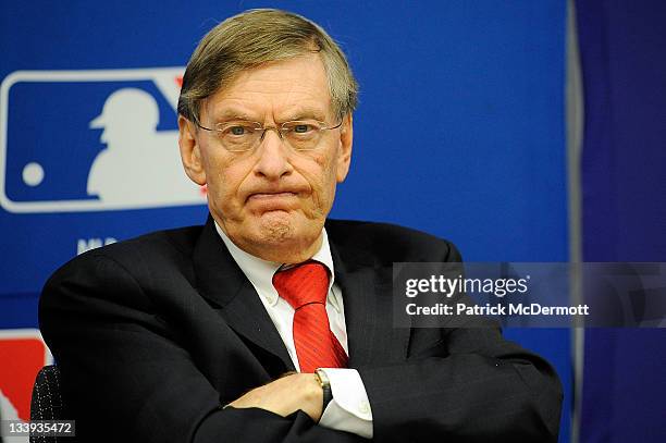 Major League Baseball Commissioner Bud Selig attends a news conference at MLB headquarters on November 22, 2011 in New York City. Selig announced a...