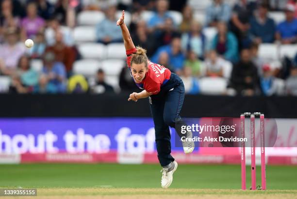 Natasha Farrant of England bowls during the 3rd International T20 match between England and New Zealand at The Cooper Associates County Ground on...