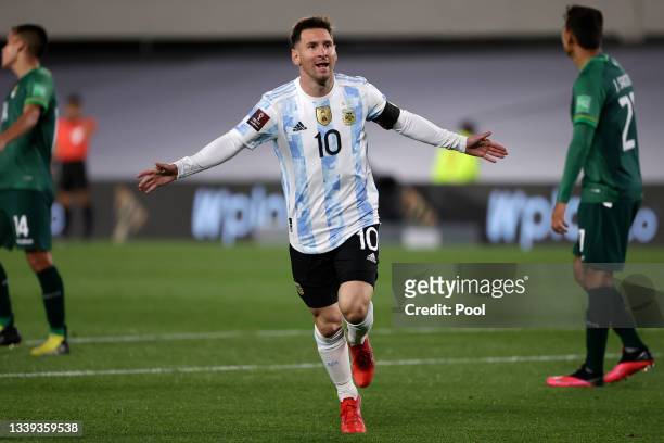 Lionel Messi of Argentina celebrates after scoring the opening goal during a match between Argentina and Bolivia as part of South American Qualifiers...