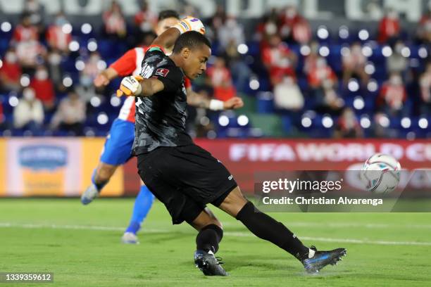 Wuilker Fariñez of Venezuela kicks the ball during a match between Paraguay and Venezuela as part of South American Qualifiers for Qatar 2022 at...