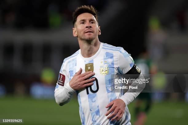 Lionel Messi of Argentina celebrates after scoring the opening goal during a match between Argentina and Bolivia as part of South American Qualifiers...