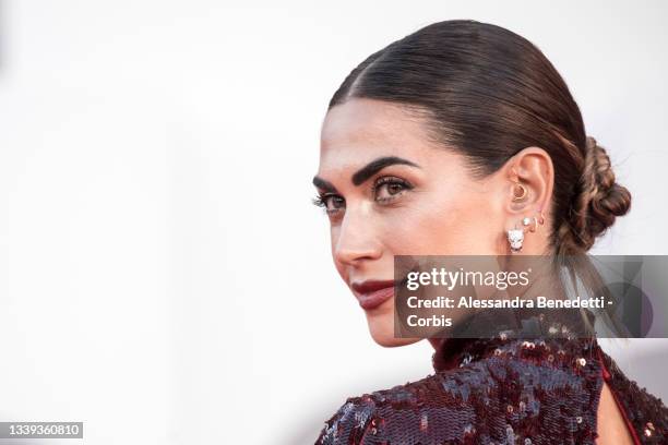 Melissa Satta attends the red carpet of the movie "America Latina" during the 78th Venice International Film Festival on September 09, 2021 in...