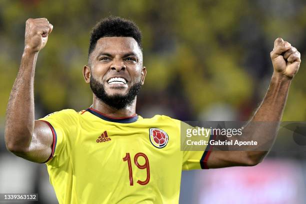 Miguel Borja of Colombia celebrates after scoring the second goal of his team during a match between Colombia and Chile as part of South American...