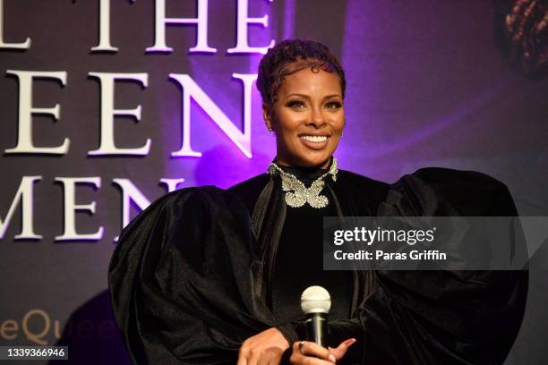 Eva Marcille speaks onstage during the premiere screening for the new BET+ and Tyler Perry Studios' scripted series "All The Queen's Men" on...