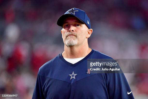 Defensive coordinator Dan Quinn of the Dallas Cowboys looks on before the game against the Tampa Bay Buccaneers at Raymond James Stadium on September...