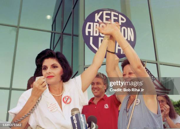 Attorney Gloria Allred and Norma McCorvey, 'Jane Roe' plaintiff from Landmark court case Roe vs. Wade, during Pro Choice Rally, July 4,1989 in...