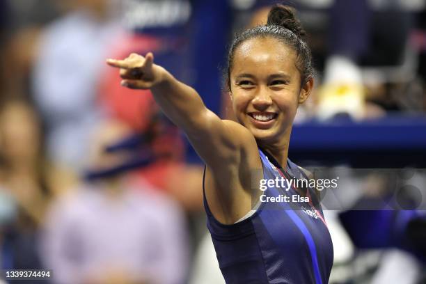 Leylah Annie Fernandez of Canada celebrates defeating Aryna Sabalenka of Belarus during her Women’s Singles semifinals match on Day Eleven of the...