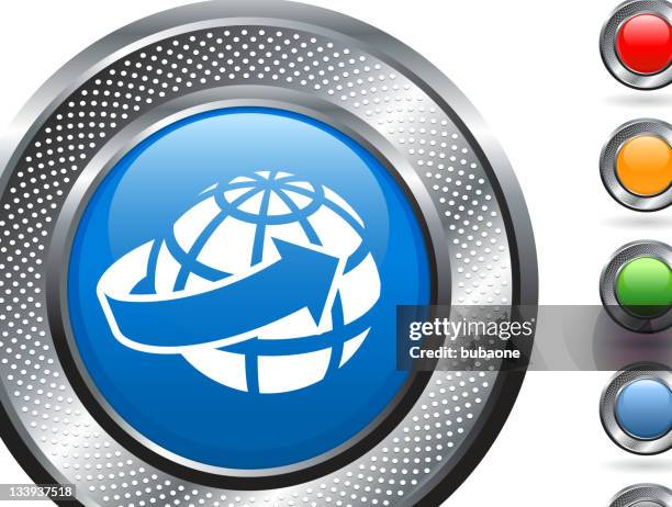 globe and arrow royalty free vector art on metallic button - spinning world stock illustrations