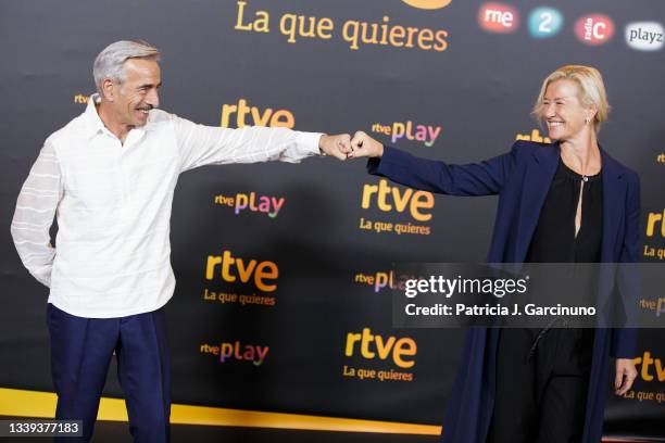Imanol Arias and Ana Duato attend the photocall of the Radio Televisión Española new season presentation at Plaza de Callao on September 09, 2021 in...