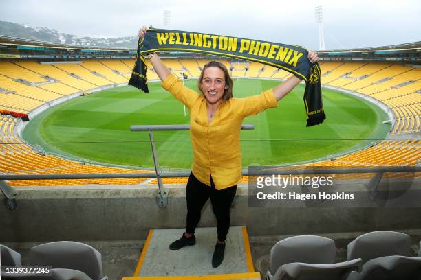 New Zealand representative footballer Annalie Longo poses with a Wellington Phoenix scarf during a Wellington Phoenix media opportunity at Sky...