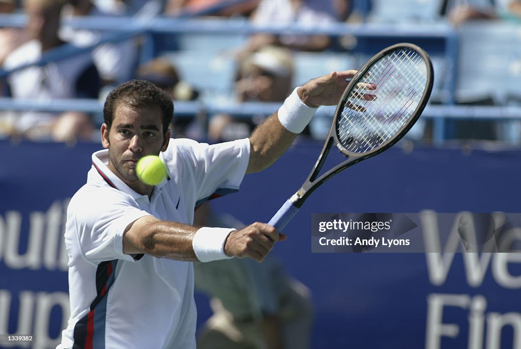 MASON, OH - AUGUST 7: Pete Sampras retruns a shot to Wayne Arthurs of Australia during the second r