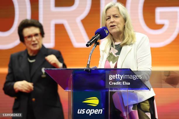 Stacey Allaster, US Open Tournament Director, speaks at the ceremony honoring the induction of the Original 9 into the International Tennis Hall of...