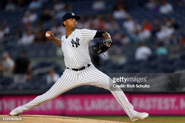 Luis Gil of the New York Yankees in action during a game against the Toronto Blue Jays at Yankee Stadium on September 8, 2021 in New York City. The...