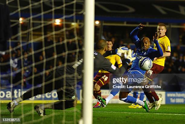Marlon King of Birmingham City shoots towards Boaz Myhill of Burnley during the npower Championship match between Birmingham City and Burnley at St...