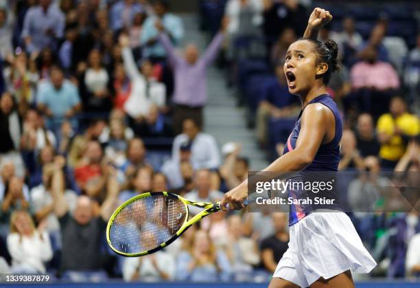 Leylah Annie Fernandez of Canada celebrates against Aryna Sabalenka of Belarus during her Women’s Singles semifinals match on Day Eleven of the 2021...