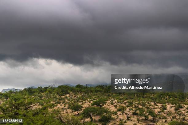 Views of storms in the Sierra del Ancon prior to the arrival of Huracan Olaf on September 9, 2021 in La Paz, Mexico. With sustained winds of 150km/h...