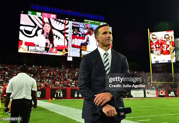 Drew Brees stands on the sideline during the game between the Tampa Bay Buccaneers and the Dallas Cowboys at Raymond James Stadium on September 09,...