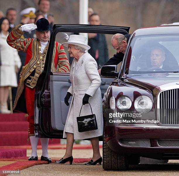 Queen Elizabeth II and Prince Philip, Duke of Edinburgh arrive in Horse Guards Parade to attend the ceremonial welcome for Abdullah Gul, President of...