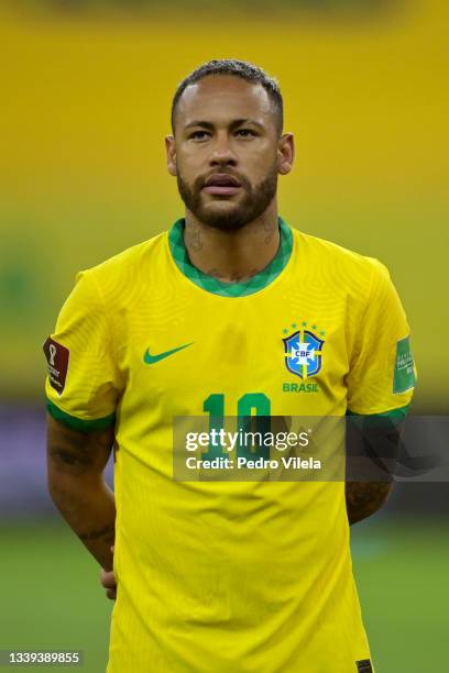 Neymar Jr. Of Brazil lines up prior to a match between Brazil and Peru as part of South American Qualifiers for Qatar 2022 at Arena Pernambuco on...