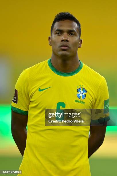 Alex Sandro of Brazil lines up prior to a match between Brazil and Peru as part of South American Qualifiers for Qatar 2022 at Arena Pernambuco on...