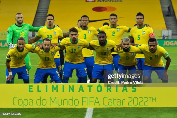 Players of Brazil pose for the team photo a match between Brazil and Peru as part of South American Qualifiers for Qatar 2022 at Arena Pernambuco on...