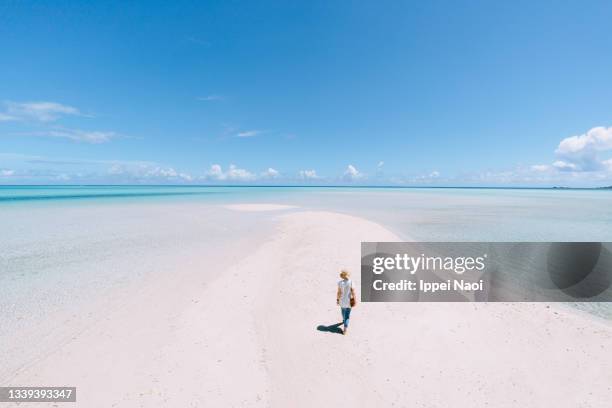 woman walking on tropical sandbar, miyako island, okinawa, japan - okinawa blue sky beach landscape stock-fotos und bilder