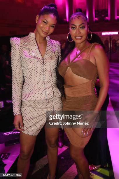 Chanel Iman and La La Anthony attend Pretty Little Thing's S/S 2022 show during New York Fashion Week at Gotham Hall on September 09, 2021 in New...