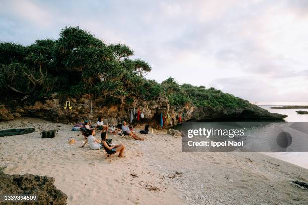 family camping on wild beach at sunset, japan - kyushu stock pictures, royalty-free photos & images