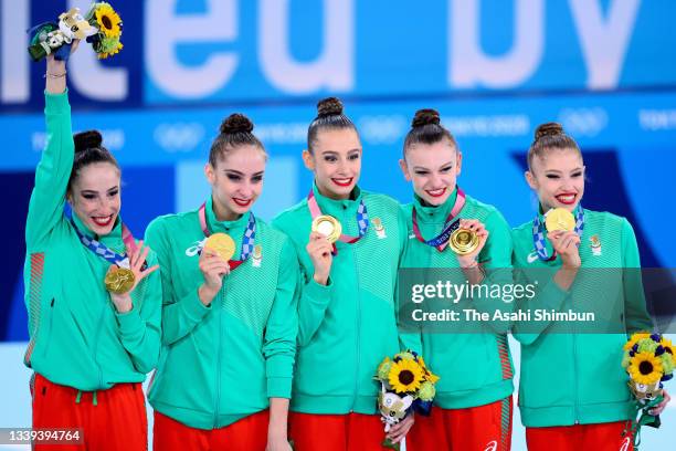 Gold medalists Simona Dyankova, Erika Zafirova, Stefani Kiryakova, Madlen Radukanova and Laura Traets of Team Bulgaria celebrate on the podium at the...