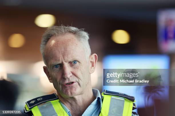 Waikato Police District Commander Bruce Bird speaks to the media on September 10, 2021 in Hamilton, New Zealand. 45 police officers from Southern,...