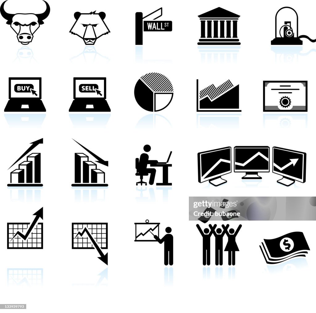 Wall street and stock market black & white icon set