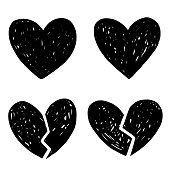 Vector heart sketch doodle illustration set  with broken heart shape.