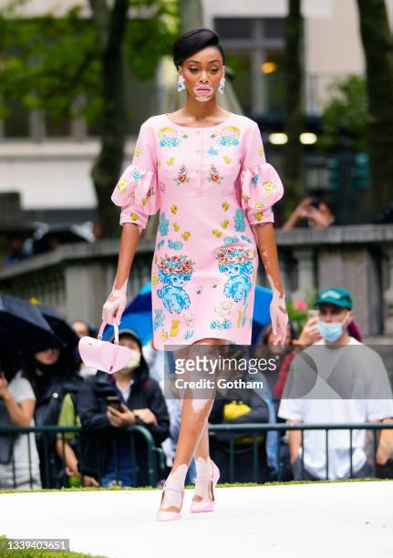 Winnie Harlow walks the runway for Moschino show on September 09, 2021 in New York City.