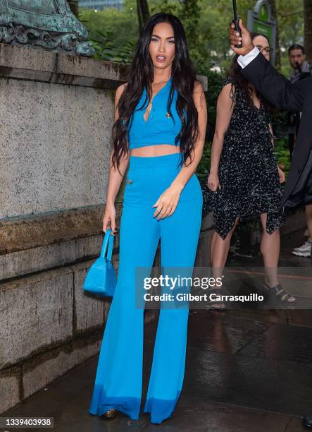 Actress Megan Fox is seen leaving the Moschino by Jeremy Scott Spring Summer 2022 fashion show at Bryant Park on September 09, 2021 in New York City.