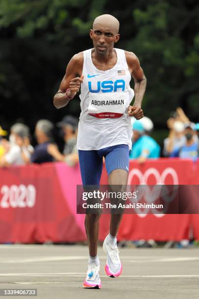 Abdi Abdirahman of United States competes in the Men's Marathon on day sixteen of the Tokyo 2020 Olympic Games on August 8, 2021 in Sapporo,...