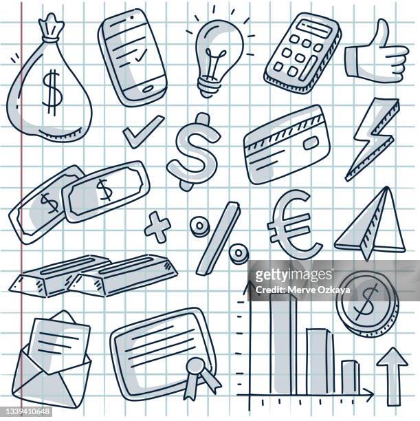 set of money and banking related hand drawn doodle illustration - banking sign stock illustrations